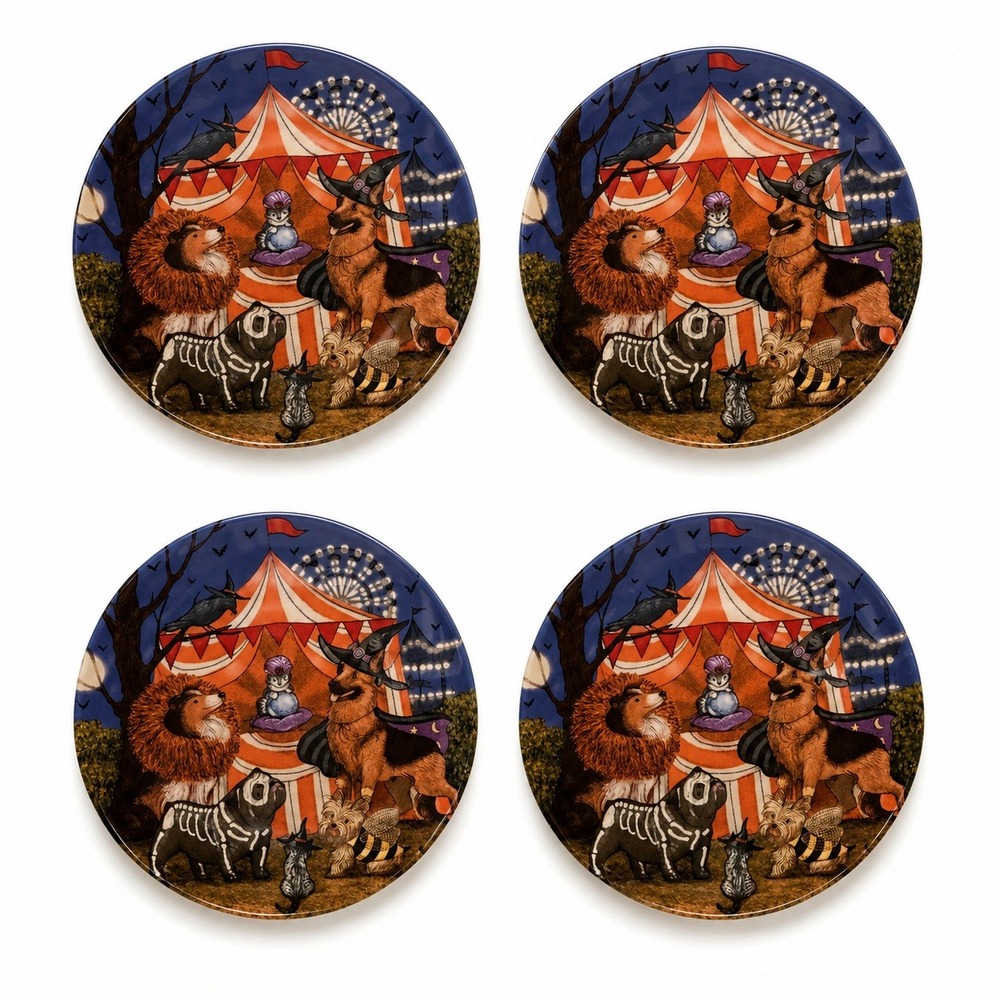 Pier 1 Imports Halloween Circus Dogs Ironstone Plates Set‎ of 4  Retired